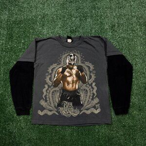 Vintage Y2K Rey Mysterio YOUTH T Shirt Size S Gray Long Sleeve Crew Neck BOYS